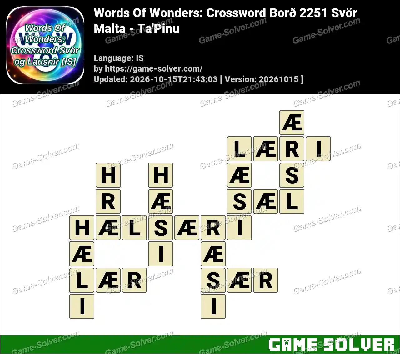 Words Of Wonders: Crossword Borð 2251 Svör – Malta – Ta’Pinu